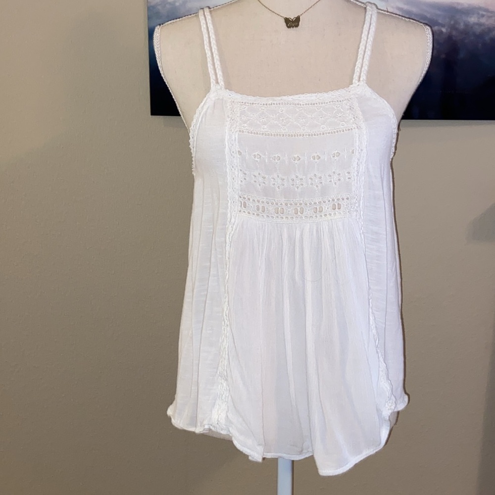 Eyelet Lace Babydoll Empire Waist Gauze Draped Tank Top Braided Rope Straps